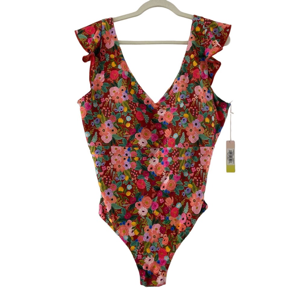 summersalt Floral Ruffled One-Piece Swimsuit in Red, Pink, Green